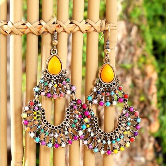 Bohemian Malachite/Faux‎ Citrine Multi-Color Drop Earrings - Picture 4 of 10